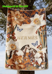 Hermès Orange Floral Embroidered Flannel Fleece Throw Blanket IMG_4972